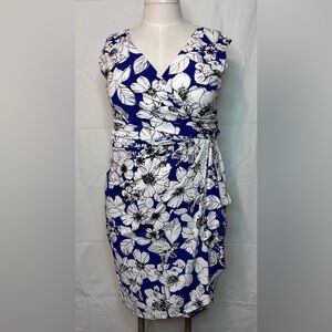 Chaps Blue White Floral Dress XL Faux Wrap Ruched Sheath Stretch